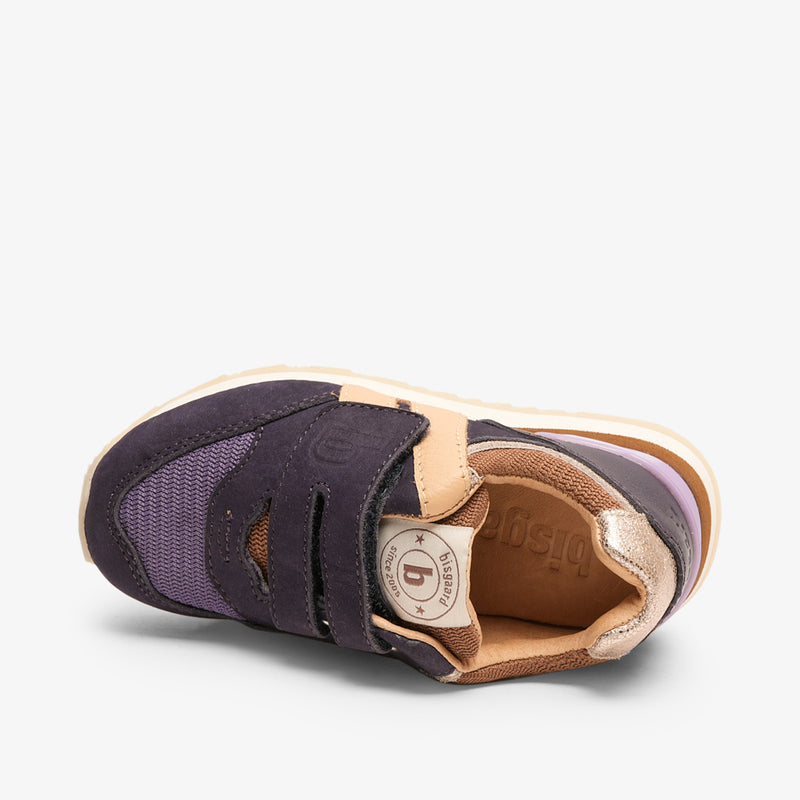 A close-up image of the bisgaard winston plum children's leather shoes with a sturdy rubber sole and adjustable velcro straps